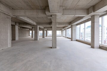 Obraz premium The Empty Concrete Interior With Open Columns And Large Windows