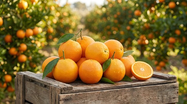 Freshly harvested oranges in wooden crate at citrus orchard