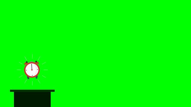 Red alarm clock vibrates with intense motion on a table surface in this high quality digital animation video clip