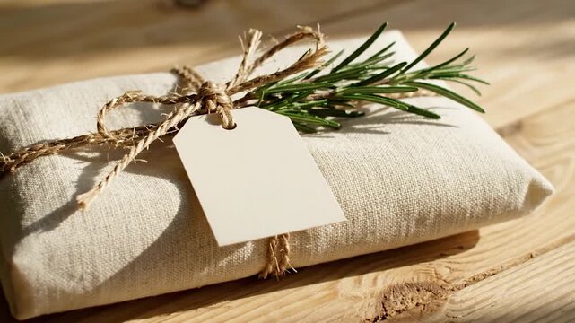 Eco friendly gift wrapped in linen with rosemary and a blank tag
