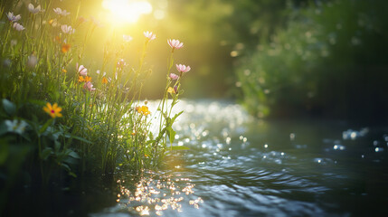 Obraz premium Wildflowers growing freely near gentle stream with sunlight creating peaceful atmosphere