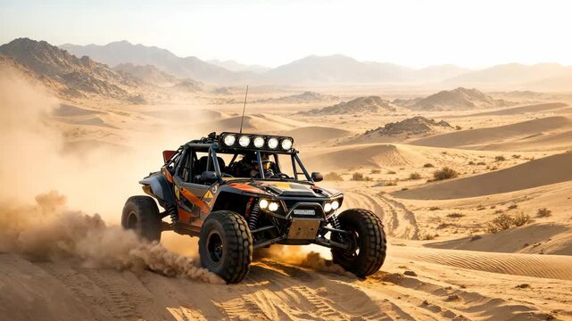 A rugged four-wheel-drive vehicle racing through a sandy desert with mountains in the background during sunset.