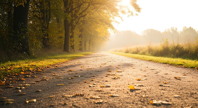 Serene Sunlit Gravel Path in Golden Autumn Forest with Fallen Leaves & Morning Light
