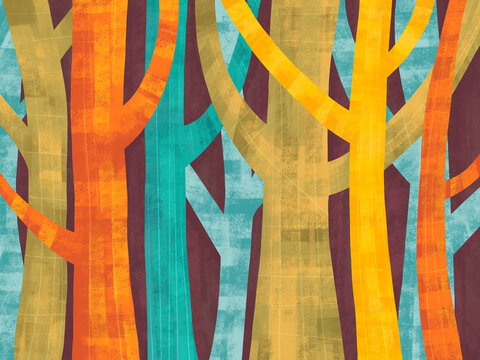 Bright trees in abstract design with colorful trunks and branches