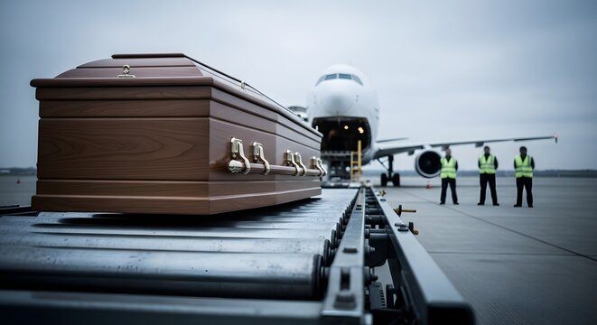 Wooden coffin on conveyor belt near cargo plane