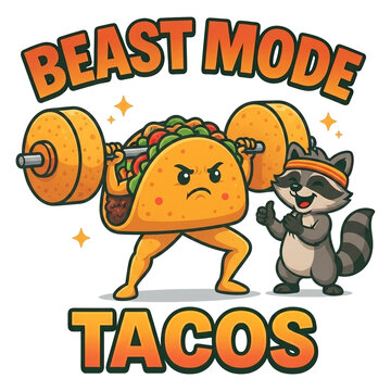 Beast Mode Tacos &ndash; Funny Weightlifting Taco Gym Lover T-Shirt Design, Beast Mode Tacos Funny Kawaii Taco Weightlifting with Raccoon Gym Cartoon Vector Illustration, 
