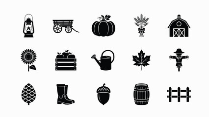 Vintage black autumn harvest icons set featuring rustic farmhouse elements with showcases collection fifteen representing classic autumn themes © PRITOM