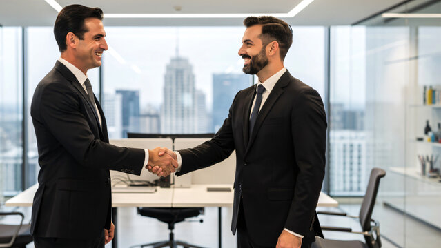 Businessman shaking hands with client in office, successful deal and partnership, minimal modern workspace, soft lighting, high resolution, business development concept,