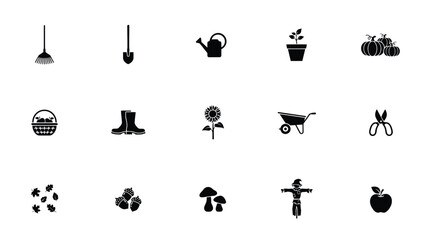 Obraz premium Black and white autumn harvest icon set featuring gardening tools produce with organized grid against neutral background alongside produce such pumpkins