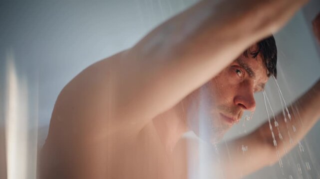 Closeup man washing face under shower water. Male portrait morning routine.