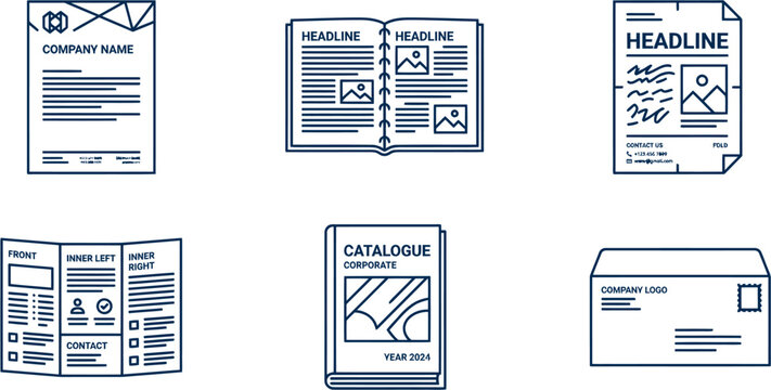 Set of professional corporate stationary and print layout line icons including brochures, catalogues, envelopes, and business documents