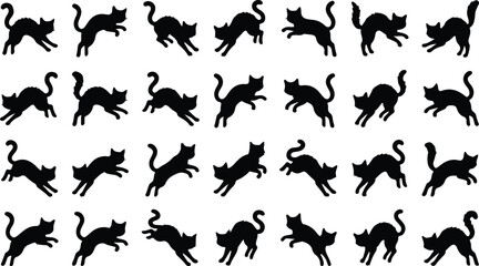 Black cat silhouette collection. Vector icon set of domestic cats in various poses like sitting, standing, and walking. Isolated feline pet graphics for design elements © Tomalkrishnadas