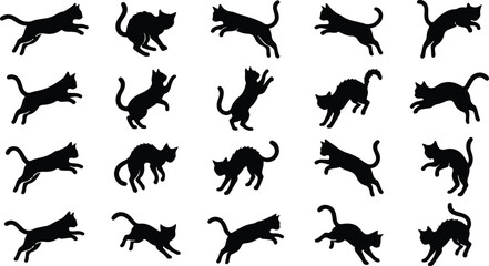 Black cat silhouette collection. Vector icon set of domestic cats in various poses like sitting, standing, and walking. Isolated feline pet graphics for design elements © Tomalkrishnadas
