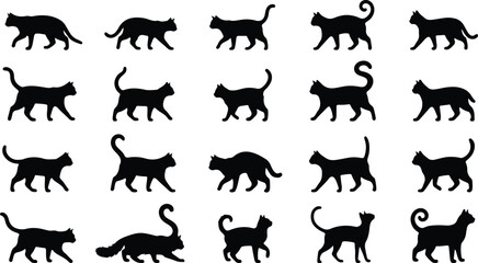 Black cat silhouette collection. Vector icon set of domestic cats in various poses like sitting, standing, and walking. Isolated feline pet graphics for design elements © Tomalkrishnadas