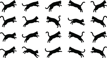 Black cat silhouette collection. Vector icon set of domestic cats in various poses like sitting, standing, and walking. Isolated feline pet graphics for design elements © Tomalkrishnadas