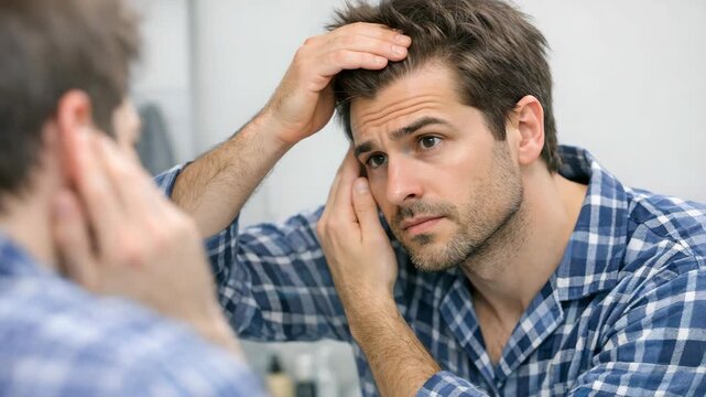 A man with a beard and mustache looking at himself in the mirror while combing his hair, wearing a blue and white checkered shirt.