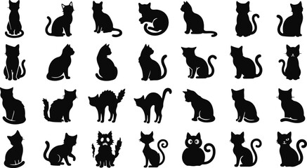 Black cat silhouette collection. Vector icon set of domestic cats in various poses like sitting, standing, and walking. Isolated feline pet graphics for design elements © Tomalkrishnadas