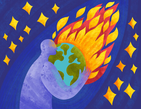 Person holding earth with fire and stars in night sky