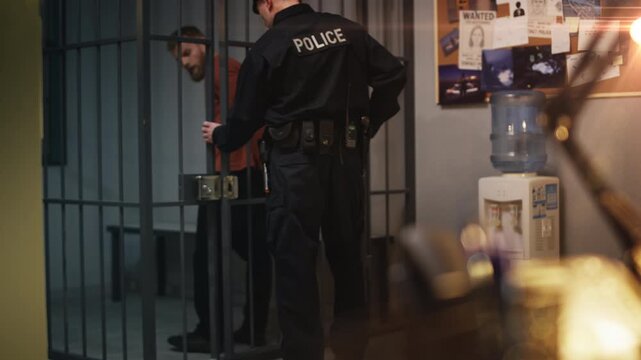 Police officer placing a male suspect into a jail cell and removing handcuffs