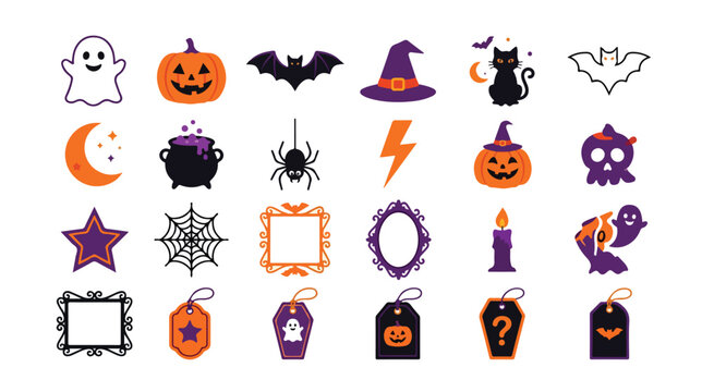 Halloween vector icon set, spooky holiday celebration graphics, cute ghost, pumpkin, bat, witch hat, black cat, spider, lightning bolt, skull, candle, spiderweb, star, moon, cauldron, frames