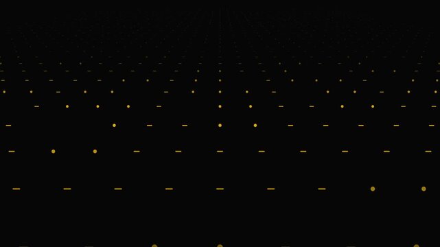 Glowing golden dots and dashes create an abstract digital motion animation field against a deep black background visual pattern