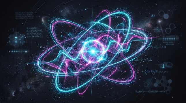 ​Futuristic quantum energy field visualization with glowing atomic orbits and mathematical formulas
