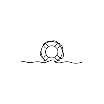 Minimalist continuous line art design featuring a classic lifebuoy in ocean waves.