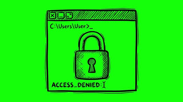 Hand drawn style animation of a computer command terminal with access denied blinking text and secure padlock icon. Black line art with line boil effect over green screen chroma key background for eas