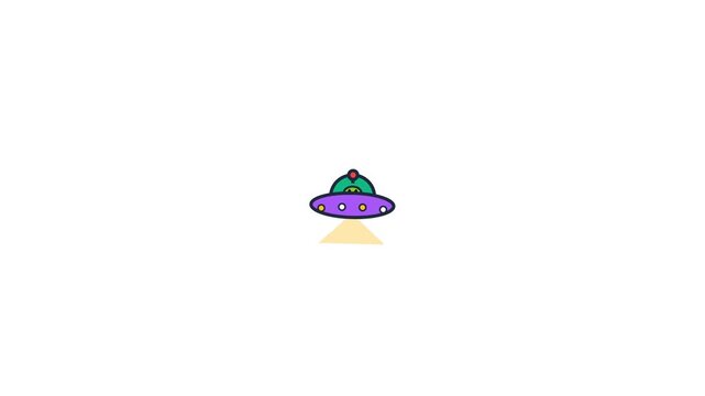 Purple alien spaceship hovering while emitting a bright yellow tractor beam light in this colorful animated digital motion video clip