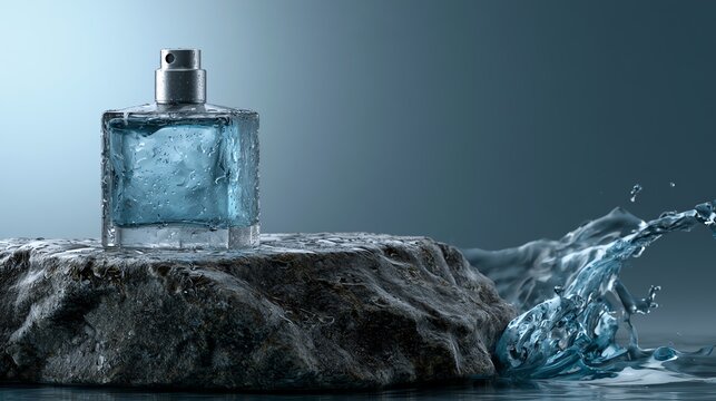 Refreshing water splash with glass bottle.