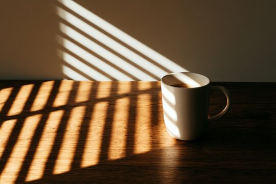 Morning light casts shadows on a coffee mug.