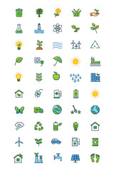Naklejka premium 50 Eco Green Icons Set for Sustainability, Renewable Energy, Recycling and Nature Conservation – Environmental Symbols for UI, Infographics and Green Design