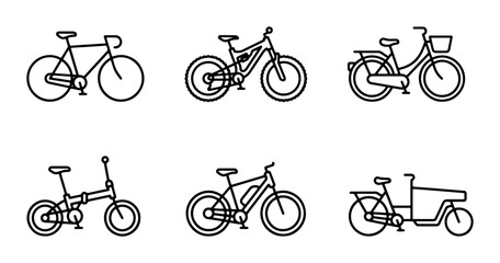 Obraz premium Bicycle Icons Set: Road, Mountain, City, Folding, Electric, Tandem Bikes Vector Collection