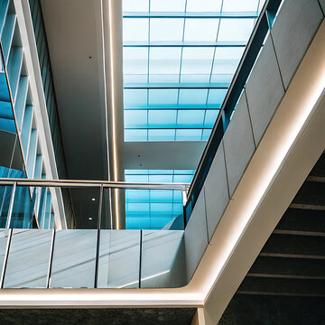 Interior view of a modern office building with a glass ceiling and staircase architecture clean