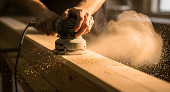 Person sanding wooden plank with electric orbital sander