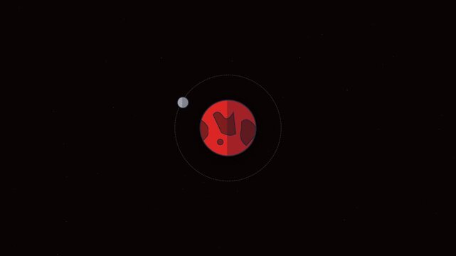 Red planet orbiting a small moon in deep space motion animation showing scientific exploration data in a stylized flat clip