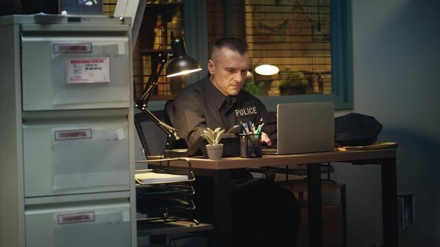 Male police detective working on a laptop in the office, crime investigation
