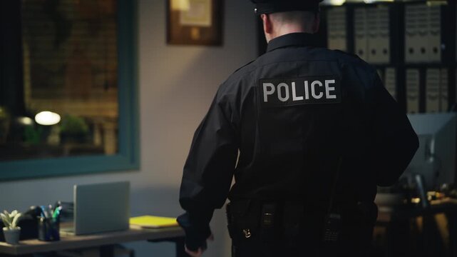Police officer bringing coffee to his desk while working during a night shift