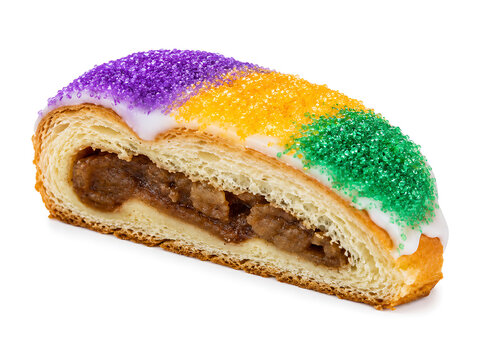 King cake slice  Mardi Gras-style filled king cake slice with colored sugar  no words  isolated white background.