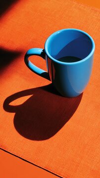 Blue mug casting a shadow on orange surface.