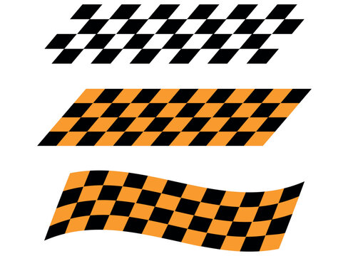 Set of black and orange checkered racing flags with various distorted and wavy design patterns.