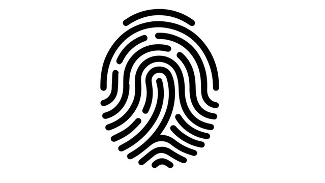 Minimalist black fingerprint icon on white background, biometric identification symbol, digital security and forensic evidence sign
