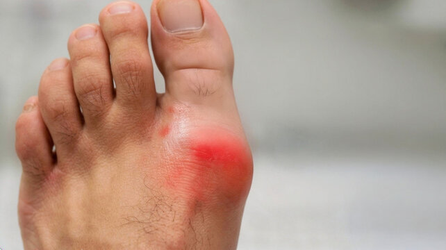 Close up of a human foot showing a red inflamed swollen joint on the big toe, concept of painful gout flare up, arthritis inflammation, or skin irritation