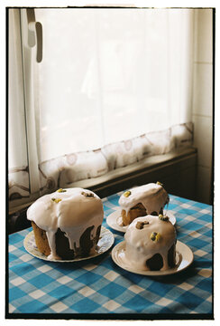 Traditional Easter Sweet Breads with White Icing on Blue Checker