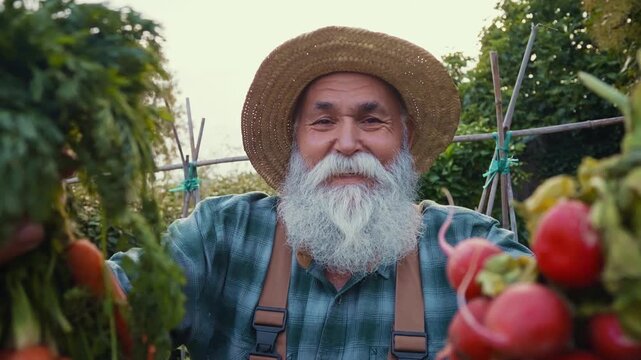 Senior farmer holding basket of fresh vegetables in garden