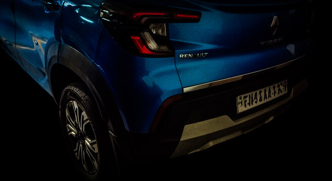 The Renault Kiger car rear side view, designed in India. SUV marketed by Renault in January 2021.  Groupe Renault, also known as the Renault Group, French multinational, established in 1899. 