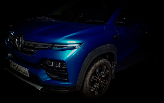 The Renault Kiger car front side view, designed in India. SUV marketed by Renault in January 2021.  Groupe Renault, also known as the Renault Group, French multinational, established in 1899. 