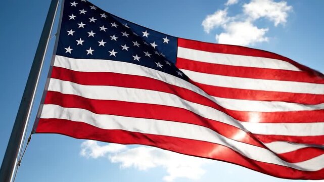 American flag waving in the wind against a bright blue sky