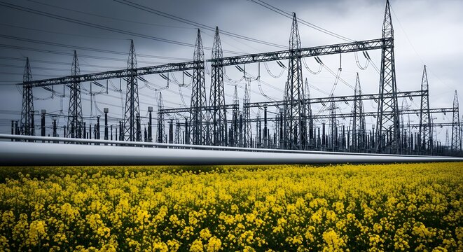 Electrical pylon and yellow flower field under dark sky