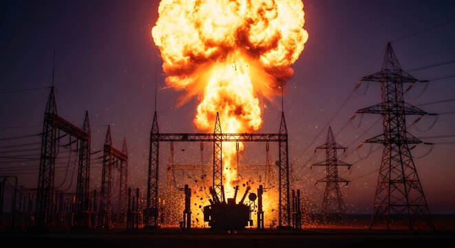 Electrical substation explosion with power lines at night